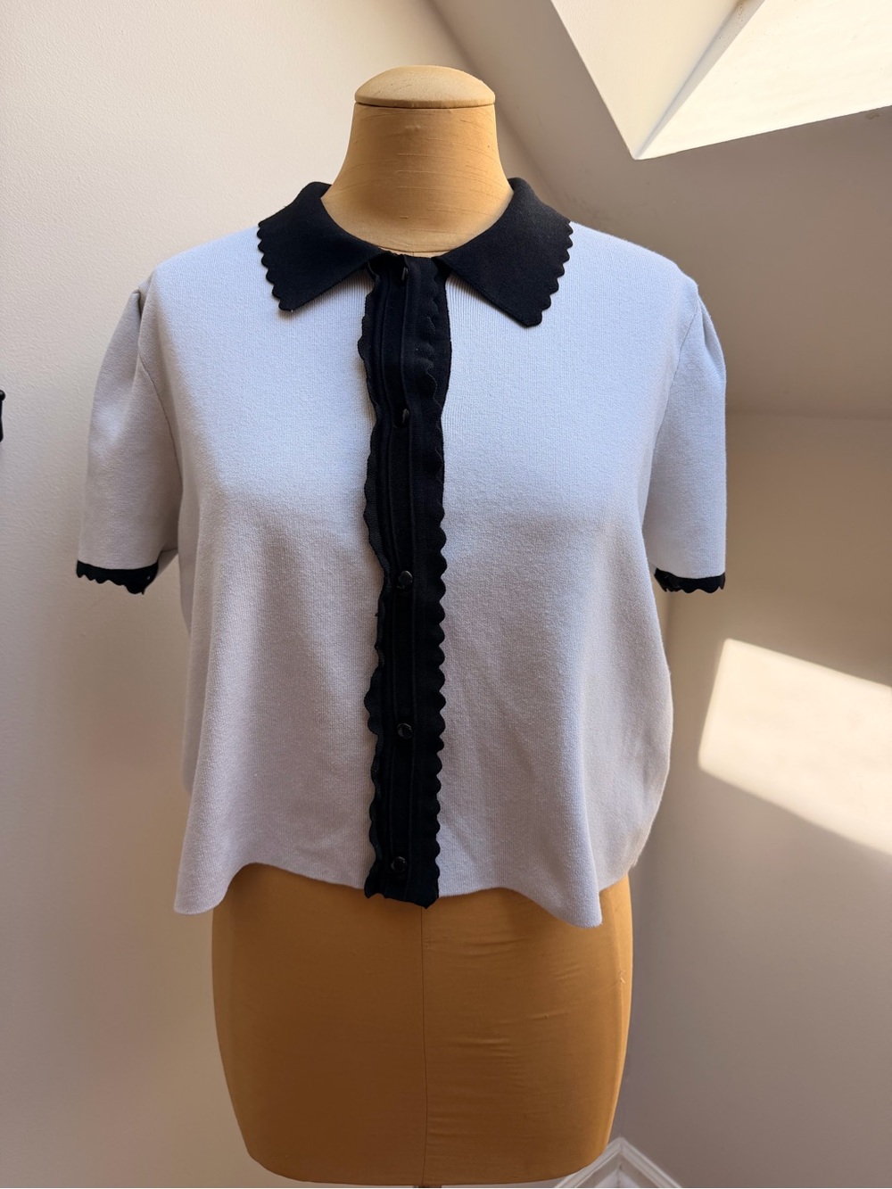 Laundry by Shelli Segal Black & White Scallop-Trim Short Sleeve Cardigan Top XL